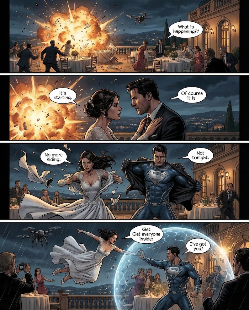 Pu&ograve; includere: Pannello di fumetto che raffigura una scena drammatica con una festa di matrimonio interrotta da un'esplosione. Sono presenti una donna in abito da sposa e un uomo in costume di Superman. Le nuvolette di testo includono frasi come "Cosa sta succedendo?!" e "Ti ho!"