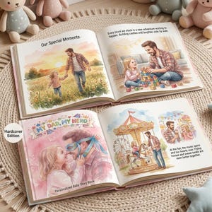 May include: A baby story book with a hardcover, featuring illustrations of a father and child. The book's pages show colourful scenes of shared moments, including outdoor play, building blocks, and a carousel ride. Text includes "Our Special Moments" and "My Dad, My Hero."