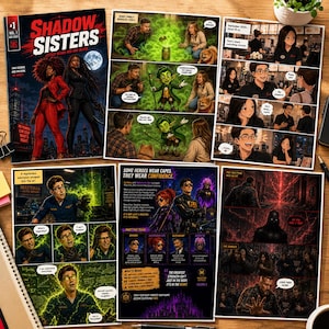 May include: A collection of comic book pages titled Shadow Sisters featuring illustrations of two women in suits, a green creature, and various characters in a restaurant setting with speech bubbles and narrative text boxes on a wooden surface.