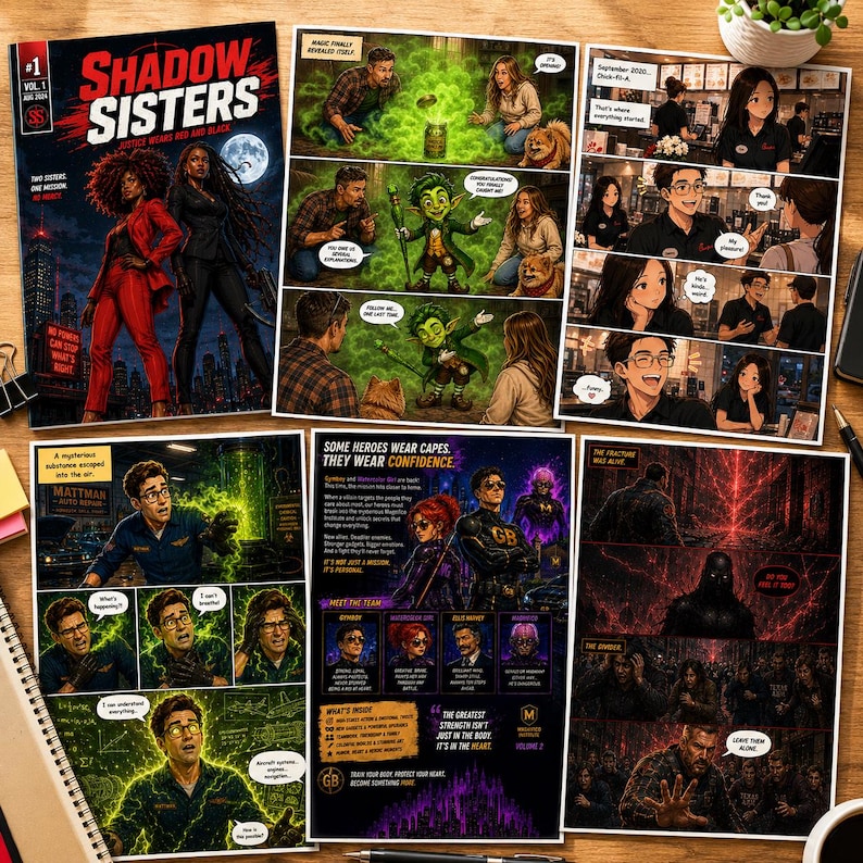 May include: A collection of comic book pages titled Shadow Sisters featuring illustrations of two women in suits, a green creature, and various characters in a restaurant setting with speech bubbles and narrative text boxes on a wooden surface.