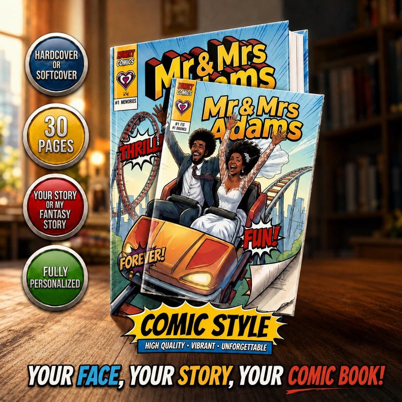 May include: A personalized comic book titled Mr & Mrs Adams featuring a couple on a roller coaster. The cover shows a person in a suit and a person in a wedding dress with arms raised. Text includes "THRILL", "FUN", "FOREVER", and "COMIC STYLE".