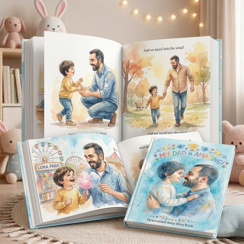 May include: A personalised baby story book featuring illustrations of a father and child. The cover reads "MY DAD is AMAZING!" and the pages show scenes of them together. The book is light blue with a soft cover.