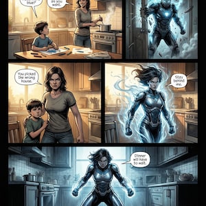 Pu&ograve; includere: Vignette di fumetti che raffigurano una scena domestica contrastata con l'azione dei supereroi. Una donna in tuta futuristica &egrave; pronta, mentre un'altra figura sfonda una porta. I fumetti aggiungono dialogo.