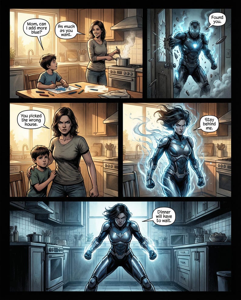 Pu&ograve; includere: Vignette di fumetti che raffigurano una scena domestica contrastata con l'azione dei supereroi. Una donna in tuta futuristica &egrave; pronta, mentre un'altra figura sfonda una porta. I fumetti aggiungono dialogo.