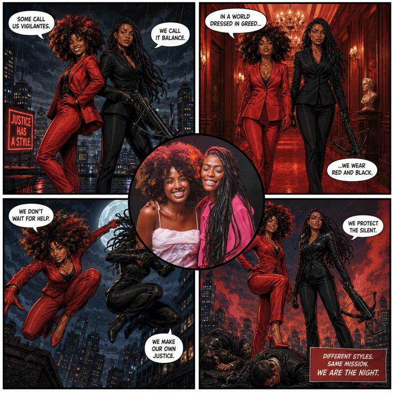 May include: A comic book style illustration featuring two characters in red and black suits, one with curly hair and one with long dark hair, alongside a central circular photograph of two smiling individuals in casual clothing, set against cityscapes.