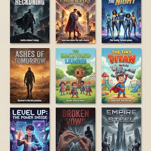 Pu&ograve; includere: Nove copertine di libri con illustrazioni e testo. I titoli includono "Midnight Reckoning", "Vows Under Fire" e "Five Against the Night". Le copertine presentano supereroi, scene d'azione e immagini drammatiche. Il testo sulle copertine include slogan.