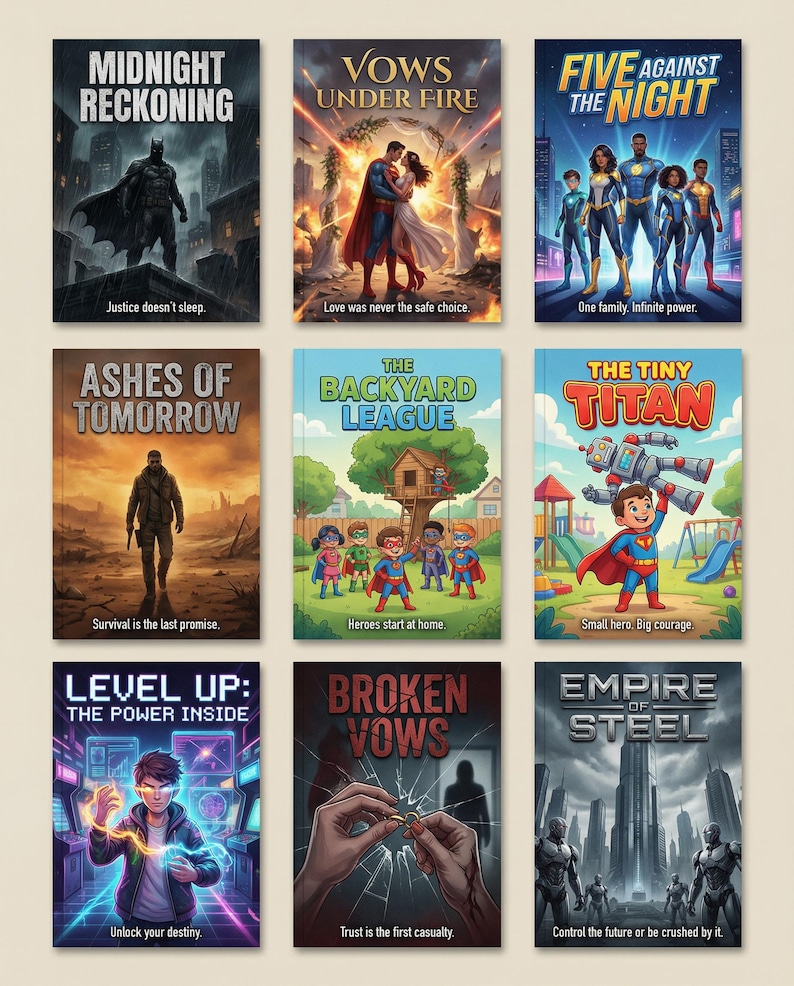 Pu&ograve; includere: Nove copertine di libri con illustrazioni e testo. I titoli includono "Midnight Reckoning", "Vows Under Fire" e "Five Against the Night". Le copertine presentano supereroi, scene d'azione e immagini drammatiche. Il testo sulle copertine include slogan.
