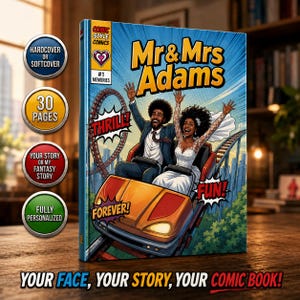 May include: A comic book titled Mr & Mrs Adams featuring a couple on a roller coaster with text bubbles saying THRILL, FUN, and FOREVER. The cover includes labels for hardcover or softcover, 30 pages, your story or my fantasy story, and fully personalized.