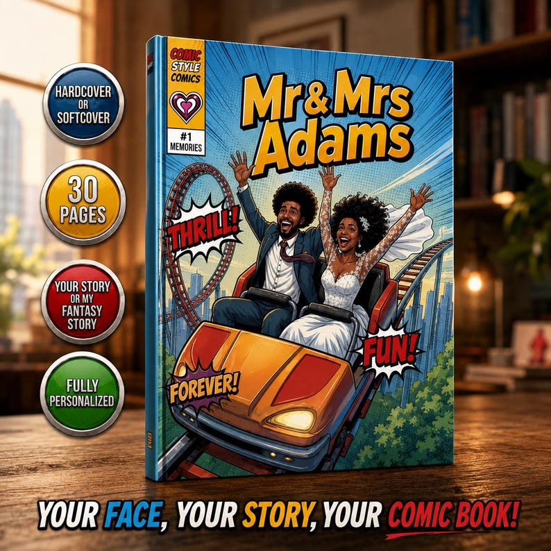 May include: A comic book titled Mr & Mrs Adams featuring a couple on a roller coaster with text bubbles saying THRILL, FUN, and FOREVER. The cover includes labels for hardcover or softcover, 30 pages, your story or my fantasy story, and fully personalized.