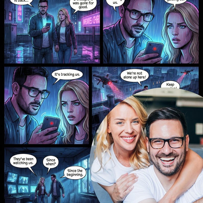 Pu&ograve; includere: Vignette di fumetti che mostrano una coppia sotto la pioggia, che guarda un telefono. I fumetti contengono frasi come "It's tracking us" e "They've been watching us." &Egrave; presente anche una foto di una coppia sorridente.