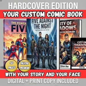 May include: A custom comic book with a superhero theme. The image shows three hardcover books and a tablet displaying comic book pages. The text includes "HARDCOVER EDITION", "YOUR CUSTOM COMIC BOOK", and "DIGITAL + PRINT COPY INCLUDED".