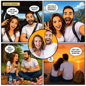 May include: A comic strip featuring a couple in various scenes: driving in a car, taking a selfie with a coastal view, eating a picnic with sandwiches and fruit, and watching a sunset. Speech bubbles contain text: SATURDAY MORNING, ARE WE REALLY DOING THIS, ADVENTURE AWAITS, THIS VIEW IS ABSOLUTELY INCREDIBLE, BEST SANDWICH EVER, ME TOO, CAN'T WAIT FOR OUR NEXT ADVENTURE.