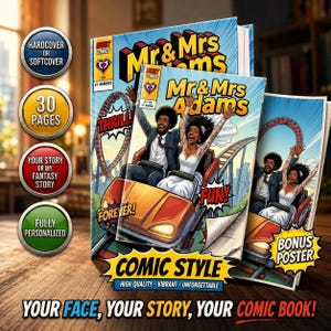 May include: A custom comic book titled Mr & Mrs Adams featuring a couple on a roller coaster. The cover shows a person in a suit and a person in a white wedding dress with arms raised. Includes text like Thrill, Fun, Forever, and Bonus Poster.
