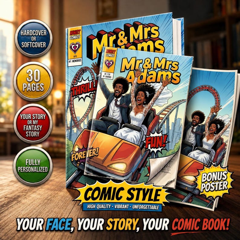 May include: A custom comic book titled Mr & Mrs Adams featuring a couple on a roller coaster. The cover shows a person in a suit and a person in a white wedding dress with arms raised. Includes text like Thrill, Fun, Forever, and Bonus Poster.