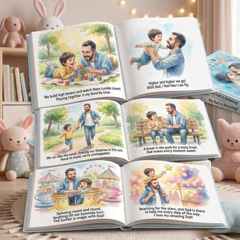 May include: A children's book featuring illustrations of a father and child engaged in various activities. The images depict them playing, running, and sharing treats. The text includes phrases like "My Dad is Amazing!" and other sentiments.
