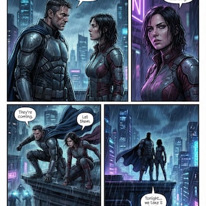 Pu&ograve; includere: Pannello di fumetto che raffigura una citt&agrave; futuristica sotto la pioggia. I personaggi in armature e mantelli sono mostrati in vari pannelli con fumetti. Il testo include frasi come "Stanno arrivando" e "Stasera... ce lo riprendiamo."