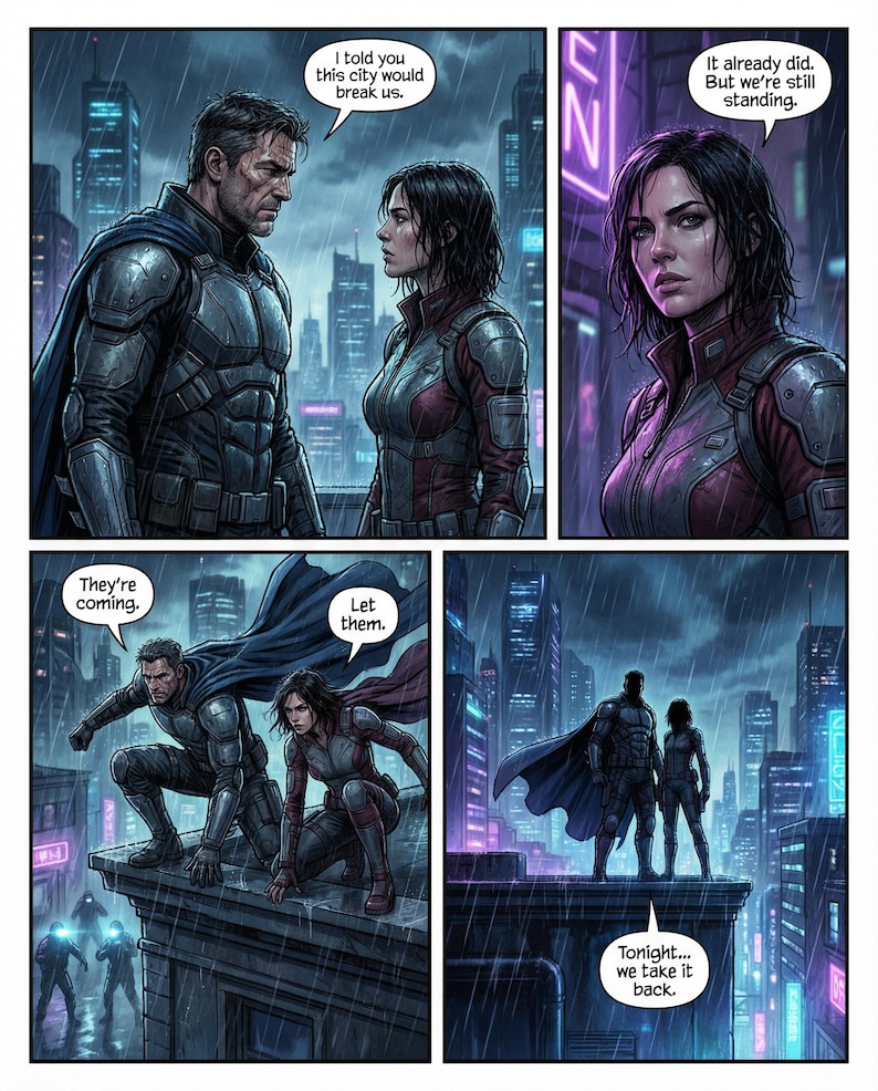 Pu&ograve; includere: Pannello di fumetto che raffigura una citt&agrave; futuristica sotto la pioggia. I personaggi in armature e mantelli sono mostrati in vari pannelli con fumetti. Il testo include frasi come "Stanno arrivando" e "Stasera... ce lo riprendiamo."