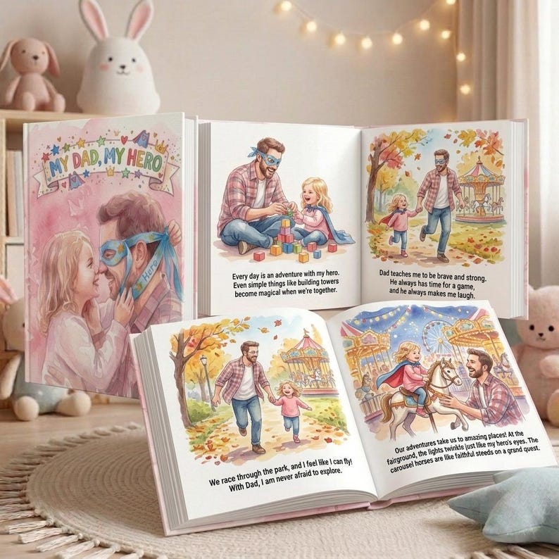 May include: A children's book titled "My Dad, My Hero" with illustrations of a father and child. The book's pages show scenes of them playing, walking in a park, and riding a carousel. The cover is pink with the title and a picture of the pair.