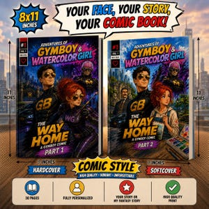 May include: Two 8x11 inch comic books titled Adventures of Gymboy & Watercolor Girl: The Way Home. One is a hardcover, one is a softcover. Both feature illustrated characters, city backgrounds, and text including Part 1 and Part 2.