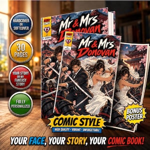 May include: A comic book titled Mr & Mrs Donovan featuring a couple in wedding attire wielding swords against armored warriors. The cover art displays a traditional building and cherry blossoms. Circular badges list features like 30 pages and bonus poster.