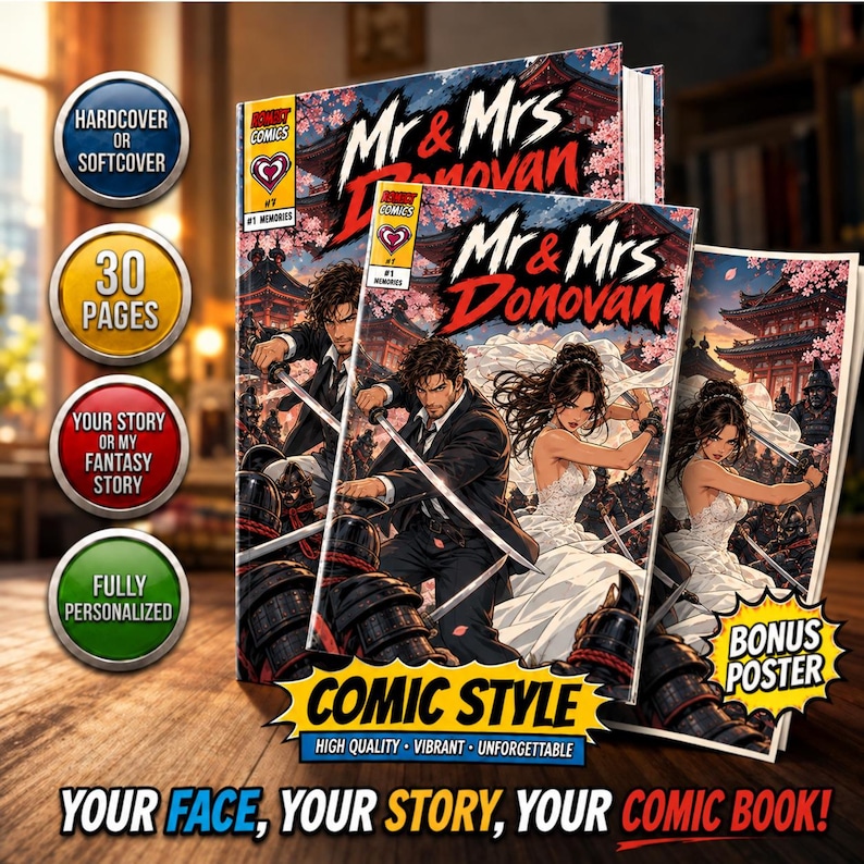 May include: A comic book titled Mr & Mrs Donovan featuring a couple in wedding attire wielding swords against armored warriors. The cover art displays a traditional building and cherry blossoms. Circular badges list features like 30 pages and bonus poster.