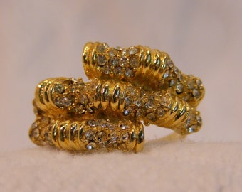 Gold Tone Rhinestone Adjustable Statement Ring, Channeled Rhinestone Ring