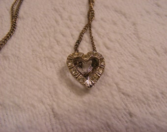 Vintage Crystal Silvertone Heart Peace Sign Necklace, Sweetheart Necklace, Valentines Day Necklace