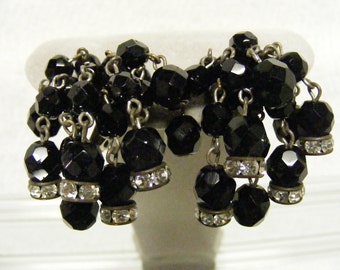 Beaded Jet clip on earrings 1950's, Hollywood Glamour, Mid Century