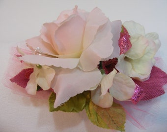 Wrist Corsage Blush Artificial Blush Pink Rose, Hydrangea Blossoms, Gems, Hot Pink Ribbon