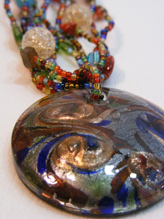 Dichroic Glass Pendant on Five Strand Seed Bead N… - image 5