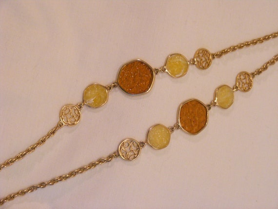 Sarah Coventry Glass Disk Long Necklace, Golden G… - image 3