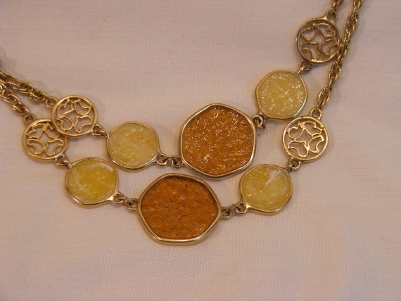 Sarah Coventry Glass Disk Long Necklace, Golden G… - image 1