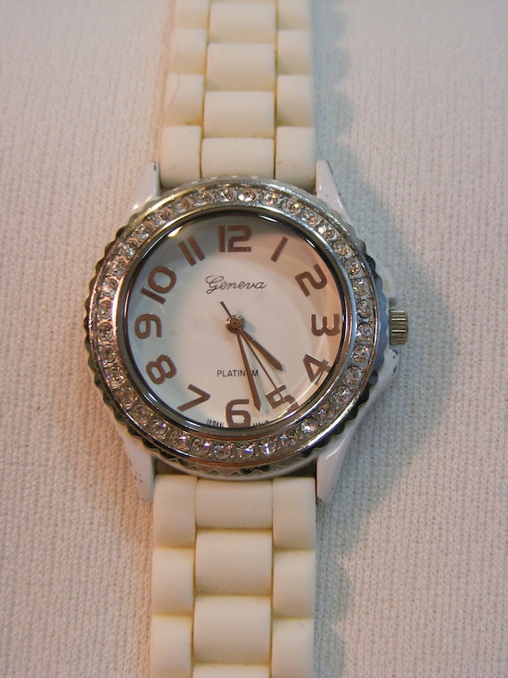Geneva White Silicone Band Big Face Watch - Etsy display picture 1