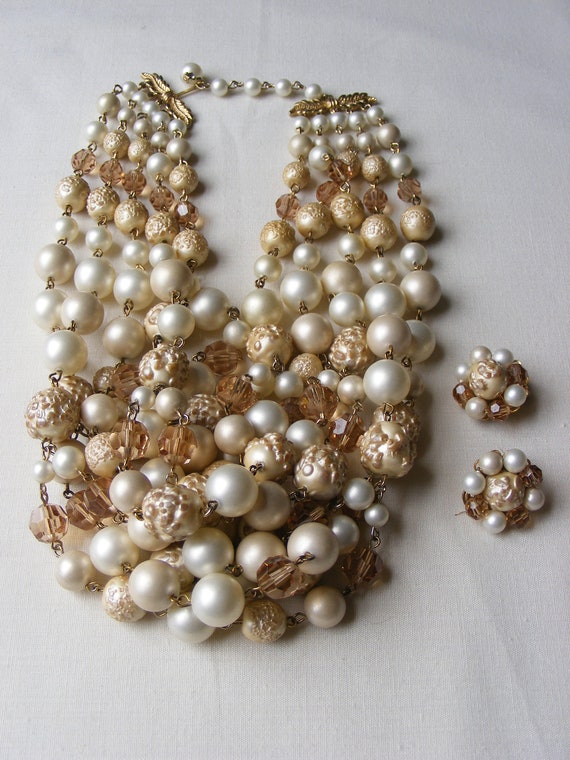 Marvella Five Strand Mid Century Modern Beaded Ne… - image 1