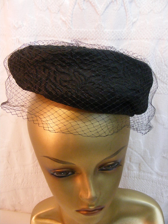 Vintage Black Damask Pill Box Hat with Netting - image 2