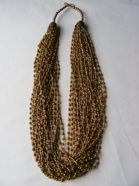 Beaded Brass Ethnic Necklace, Multi Strand Brass B