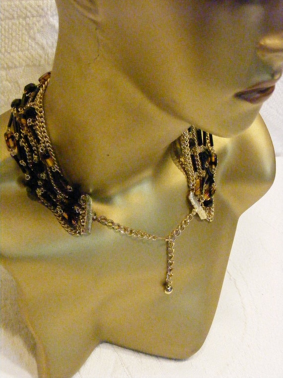 Multi Strand Bib Necklace in Black and Gold Art G… - image 2