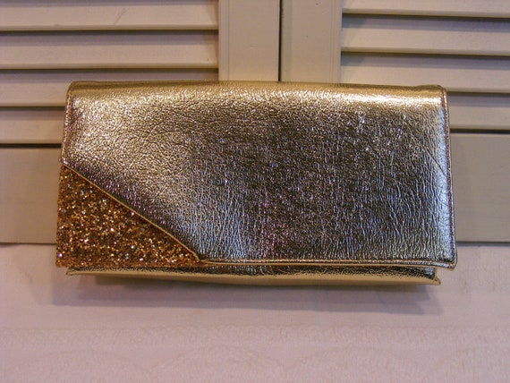 Gold Vinyl Clutch with Glitter Detail, Vintage Go… - image 2