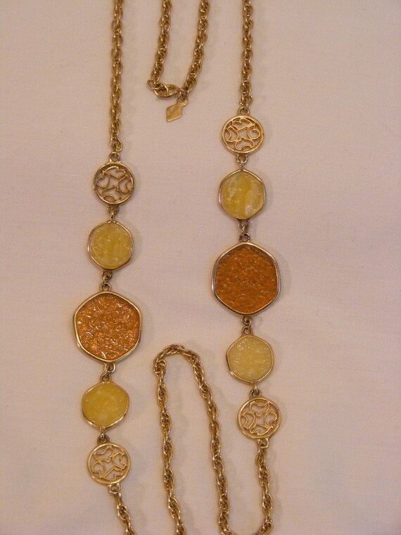 Sarah Coventry Glass Disk Long Necklace, Golden G… - image 2
