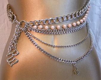 Ru Chunky Waist Belt Channeled Rhinestone, Pink Pearls, Heavy Curb Chain, Six Strands