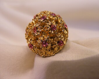 Pink Rhinestone Golden Daisy Dome Ring, Adjustable Statement Ring