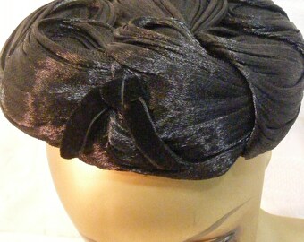 Vintage Black Nylon Tulle Swirl Pill Box Hat, Fascinator, Wig Hat