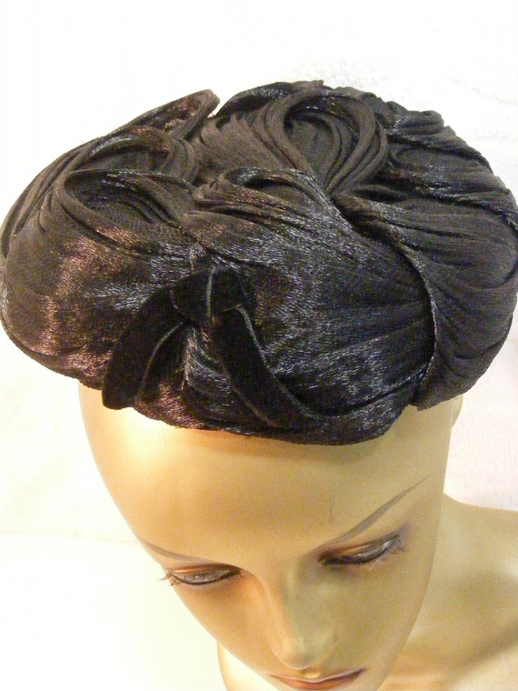 Vintage Black Nylon Tulle Swirl Pill Box Hat, Fasc