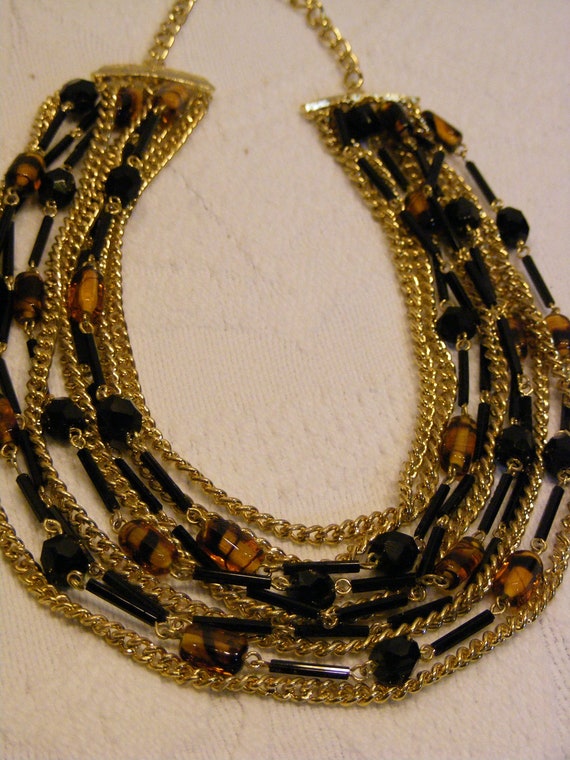 Multi Strand Bib Necklace in Black and Gold Art G… - image 3
