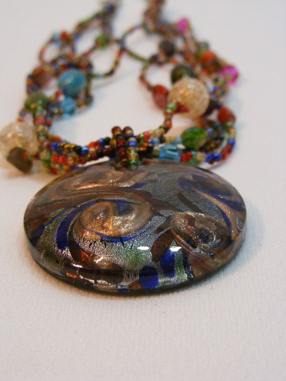 Dichroic Glass Pendant on Five Strand Seed Bead N… - image 2