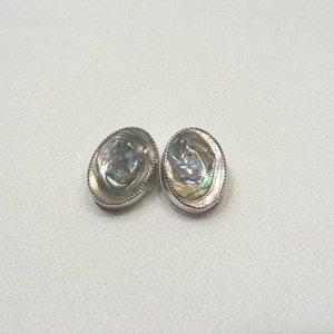 May include: A pair of oval-shaped earrings featuring iridescent abalone shell inlays set within polished silver-toned metal frames. Each earring displays a unique swirling pattern of green, blue, and purple hues with a textured rope-style border.