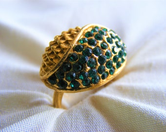 Dome Statement Ring, Emerald Green Rhinestones, Organic Abstract Dome Ring, Green Bling