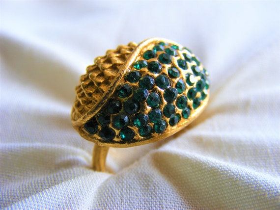 Dome Statement Ring, Emerald Green Rhinestones, O… - image 1