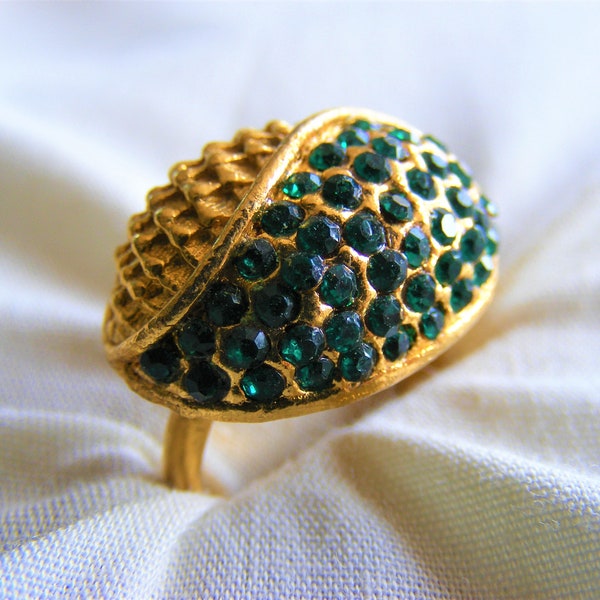 Dome Statement Ring, Emerald Green Rhinestones, Organic Abstract Dome Ring, Green Bling