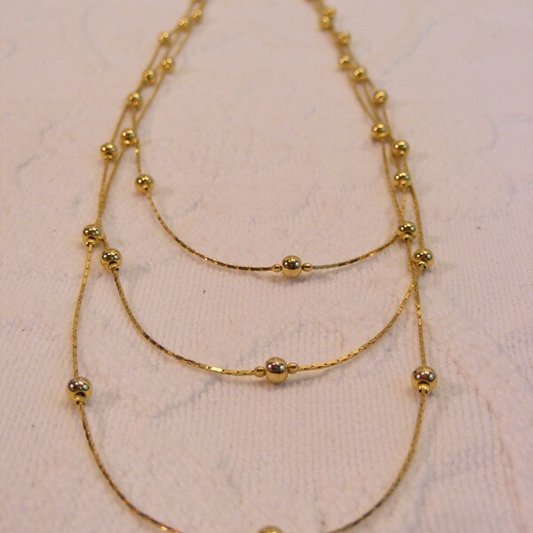 Vintage 1980s Triple Strand Gold Bead Necklace, Bib Necklace, Layered Look
